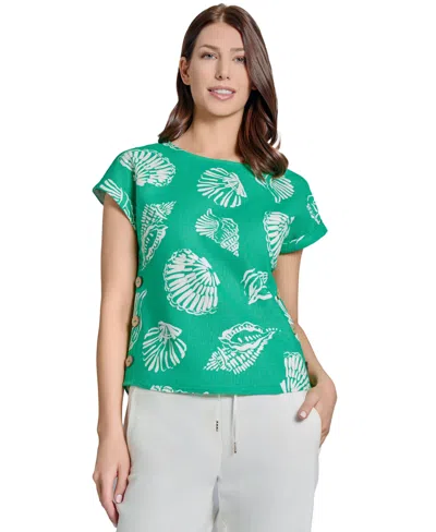 Jones New York Petite Printed Side-button Blouse In Kelly