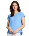 Jones New York Petite Round-neck Side-button Short-sleeve Top In Blue