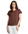 Jones New York Petite Round-neck Side-button Short-sleeve Top In Brown