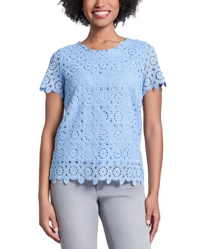 Jones New York Petite Short-sleeve Lace Top In Chintz Blue