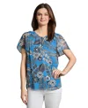 Jones New York Petite Short Sleeve Popover Shirred Neck Top In Blue