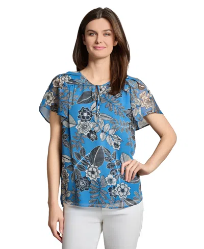 Jones New York Petite Short Sleeve Popover Shirred Neck Top In Blue