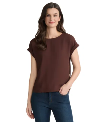 Jones New York Petite Short-sleeve Button Detail Blouse In Brown