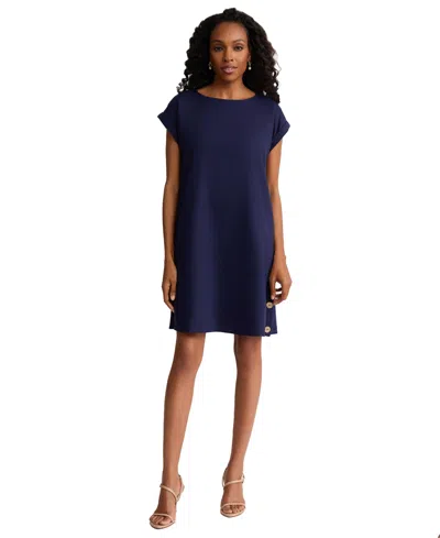 Jones New York Petite Short-sleeve Crewneck Swing Dress In Blue