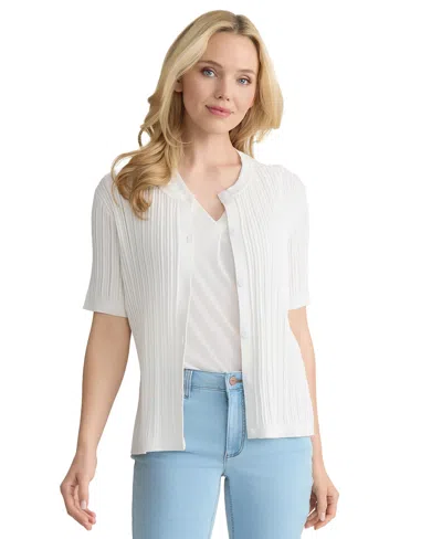 Jones New York Petite Short-sleeve Pointelle Cardigan In White