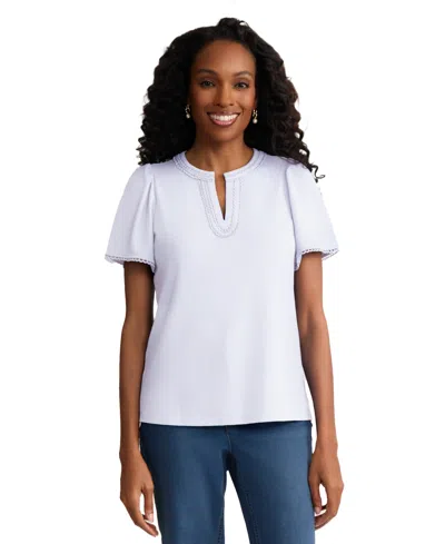 Jones New York Petite Short-sleeve Split Neck Top In White