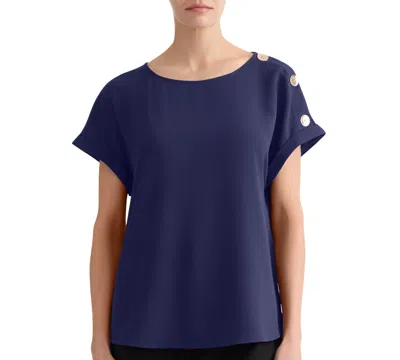 Jones New York Petite Shoulder-button-detail Short-sleeve Boat-neck Blouse In Blue
