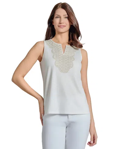Jones New York Petite Sleeveless Embroidered V-neck Top In Nyc White