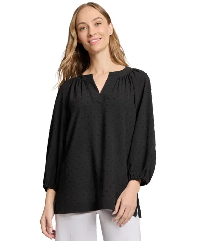 Jones New York Petite Split-neck Blouson-sleeve Top In Black