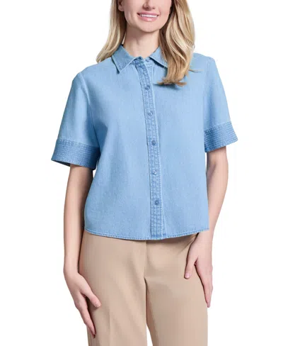 Jones New York Petite Stitched Short-sleeve Shirt In Pale Wash