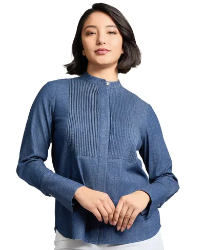 Jones New York Petite Stretch-denim Shirred Blouse In Dark Wash