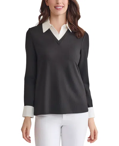 Jones New York Petite V-neck Long-sleeve Two-fer Pullover In Black