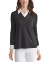 Jones New York Petite V-neck Long-sleeve Two-fer Pullover In Black