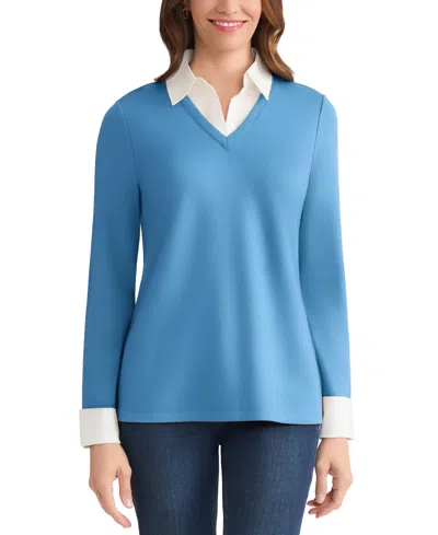 Jones New York Petite V-neck Long-sleeve Two-fer Pullover In Blue