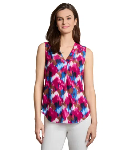 Jones New York Petite V Neck Pleat Front Shell Top In Pink