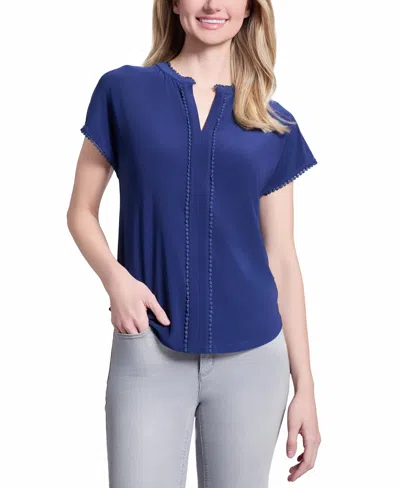 Jones New York Petite V-neck Trimmed Top In Pacific Navy