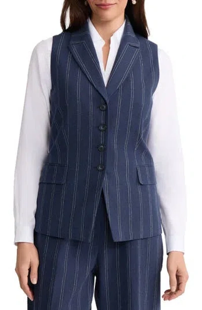 Jones New York Pinstripe Linen & Cotton Vest In Pacific Navy/ Natural White
