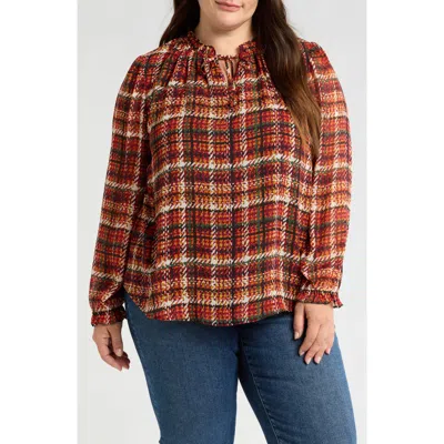 Jones New York Plaid Peasant Top In Bordeaux Multi