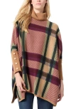 Jones New York Plaid Turtleneck Poncho Sweater In Caramel/ Burgundy Multi
