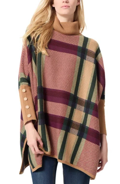 Jones New York Plaid Turtleneck Poncho Sweater In Brown