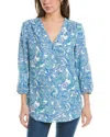Jones New York Plus Size Linen V-neck Pleated Kelly Blouse In Blue