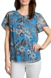 Jones New York Petite Short Sleeve Popover Shirred Neck Top In Blue