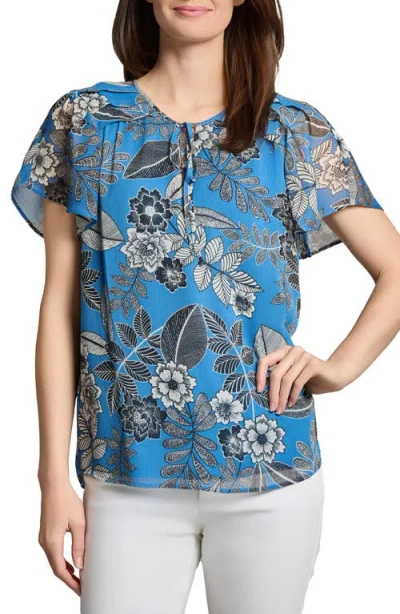 Jones New York Petite Short Sleeve Popover Shirred Neck Top In Blue