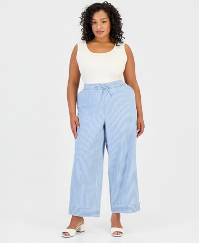 Jones New York Plus Size Cotton Drawstring Pinstriped Pants In Blue