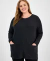 Jones New York Plus Size Crewneck Long-sleeve Jacquard Top In Black