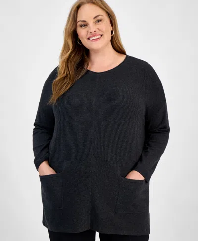 Jones New York Plus Size Crewneck Long-sleeve Jacquard Top In Black