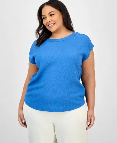 Jones New York Plus Size Crinkled Button-trim Top In Blue