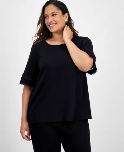 Jones New York Plus Size Elbow-sleeve Lattice-trim Top In Black