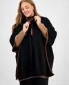 Jones New York Plus Size Faux-leather-trim Quarter-zip Poncho In Black