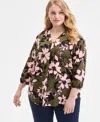 Jones New York Plus Size Floral-print 3/4-sleeve Top In Green