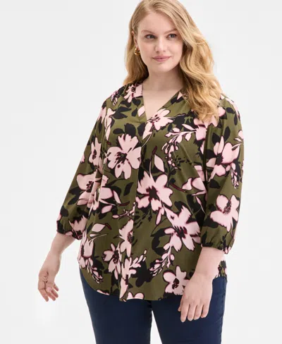 Jones New York Plus Size Floral-print 3/4-sleeve Top