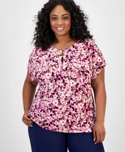 Jones New York Plus Size Floral-print Keyhole Top In Pink