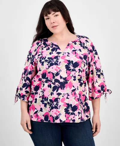 Jones New York Plus Size Floral-print Linen-blend Blouse In Jones White