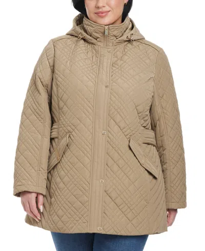 Jones New York Plus Size Hooded Stand-collar Quilted Coat In Toast