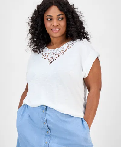 Jones New York Plus Size Lace-trim Dolman-sleeve Top In White