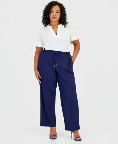 Jones New York Plus Size Linen Straight Drawstring Pants In Blue