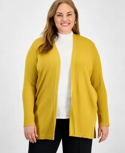 Jones New York Plus Size Open-front Long-sleeve Cardigan In Yellow