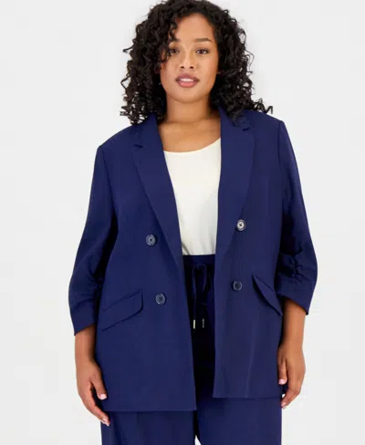 Jones New York Plus Size Open-front Scrunch-sleeve Blazer In Blue