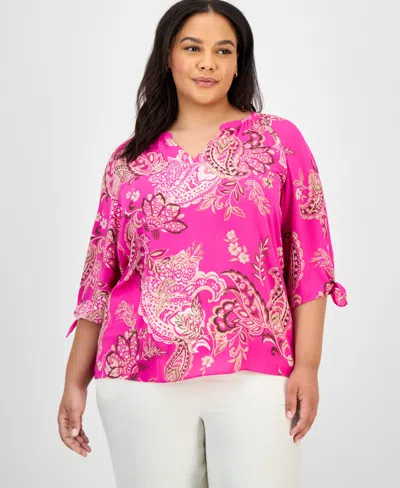 Jones New York Plus Size Paisley-print Tie-sleeve Blouse In Pink