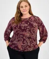 Jones New York Plus Size Paisley Puff-sleeve Crewneck Top In Burgundy