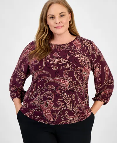 Jones New York Plus Size Paisley Puff-sleeve Crewneck Top In Burgundy