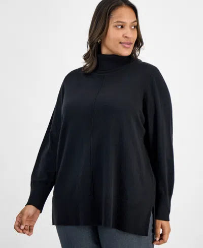 Jones New York Plus Size Pintuck Mock-neck Long-sleeve Sweater In Black