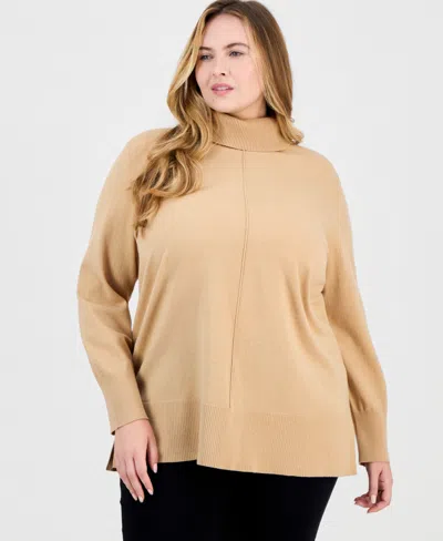 Jones New York Plus Size Pintuck Mock-neck Long-sleeve Sweater In Neutral