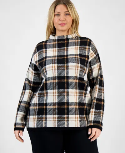 Jones New York Plus Size Plaid Funnel-neck Long-sleeve Top In Black