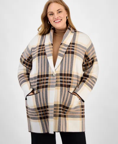 Jones New York Plus Size Plaid Shawl-collar Coatigan In Multi