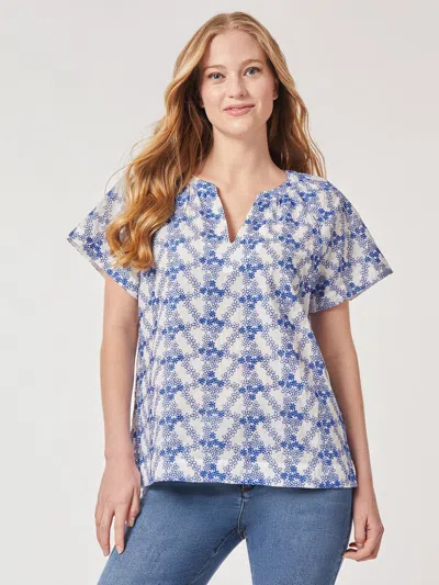 Jones New York Plus Size Popover Floral Embroidery Short Sleeve Blouse In Blue